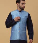 Men's Silk Blend Geometric Jacquard Blue Nehru Jacket