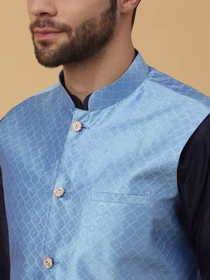 Men's Silk Blend Geometric Jacquard Blue Nehru Jacket 2