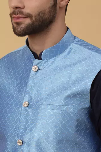 Men's Silk Blend Geometric Jacquard Blue Nehru Jacket