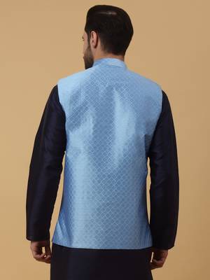 Men's Silk Blend Geometric Jacquard Blue Nehru Jacket 3