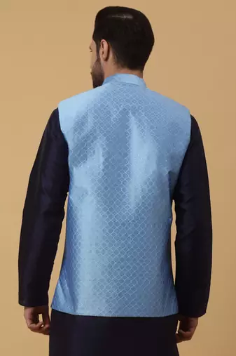 Men's Silk Blend Geometric Jacquard Blue Nehru Jacket