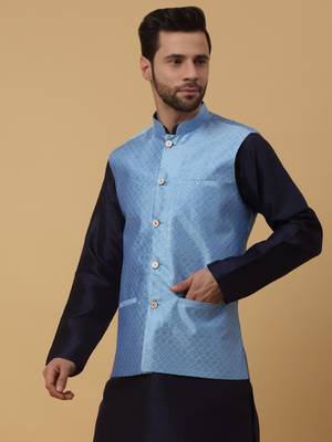 Men's Silk Blend Geometric Jacquard Blue Nehru Jacket 4