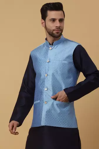 Men's Silk Blend Geometric Jacquard Blue Nehru Jacket
