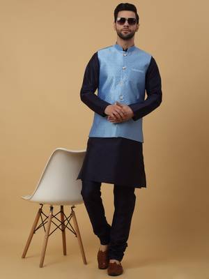 Men's Silk Blend Geometric Jacquard Blue Nehru Jacket 5