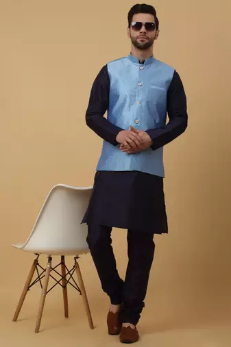Men's Silk Blend Geometric Jacquard Blue Nehru Jacket