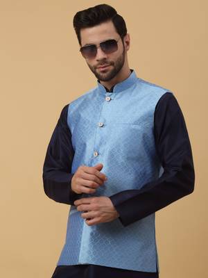 Men's Silk Blend Geometric Jacquard Blue Nehru Jacket 6