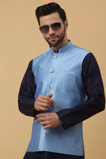 Men's Silk Blend Geometric Jacquard Blue Nehru Jacket