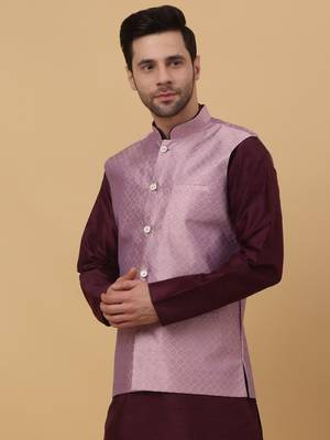 Men's Silk Blend Geometric Jacquard Pink Nehru Jacket 1