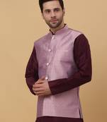 Men's Silk Blend Geometric Jacquard Pink Nehru Jacket