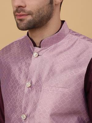 Men's Silk Blend Geometric Jacquard Pink Nehru Jacket 2