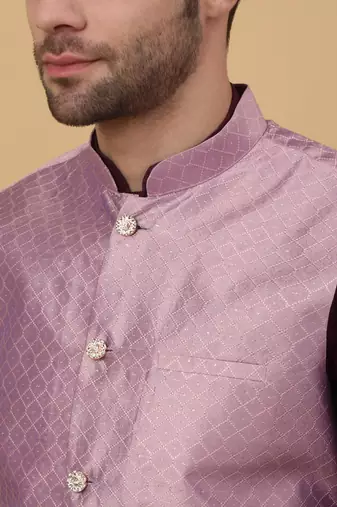 Men's Silk Blend Geometric Jacquard Pink Nehru Jacket
