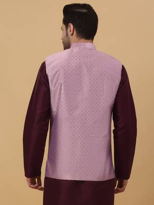 Men's Silk Blend Geometric Jacquard Pink Nehru Jacket 3