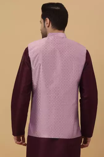 Men's Silk Blend Geometric Jacquard Pink Nehru Jacket