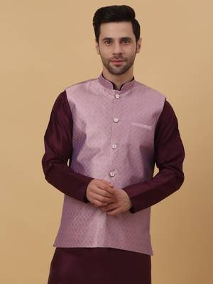 Men's Silk Blend Geometric Jacquard Pink Nehru Jacket 4