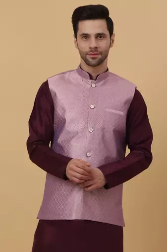 Men's Silk Blend Geometric Jacquard Pink Nehru Jacket