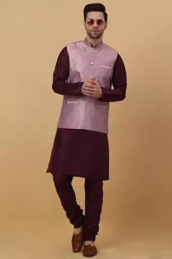 Men's Silk Blend Geometric Jacquard Pink Nehru Jacket