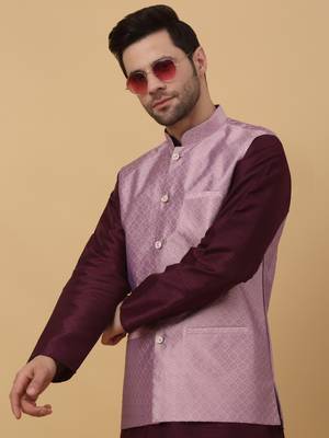 Men's Silk Blend Geometric Jacquard Pink Nehru Jacket 6