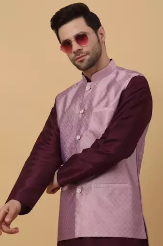 Men's Silk Blend Geometric Jacquard Pink Nehru Jacket