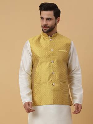 Men's Silk Blend Geometric Jacquard Yellow Nehru Jacket 1