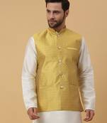 Men's Silk Blend Geometric Jacquard Yellow Nehru Jacket