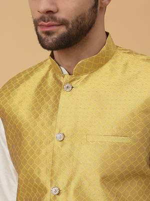 Men's Silk Blend Geometric Jacquard Yellow Nehru Jacket 2