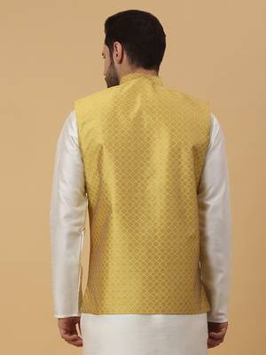 Men's Silk Blend Geometric Jacquard Yellow Nehru Jacket 3