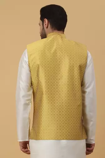 Men's Silk Blend Geometric Jacquard Yellow Nehru Jacket