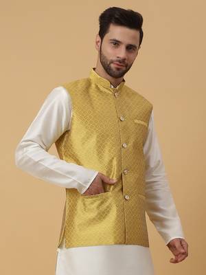 Men's Silk Blend Geometric Jacquard Yellow Nehru Jacket 4