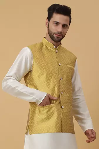 Men's Silk Blend Geometric Jacquard Yellow Nehru Jacket