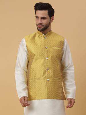 Men's Silk Blend Geometric Jacquard Yellow Nehru Jacket 5