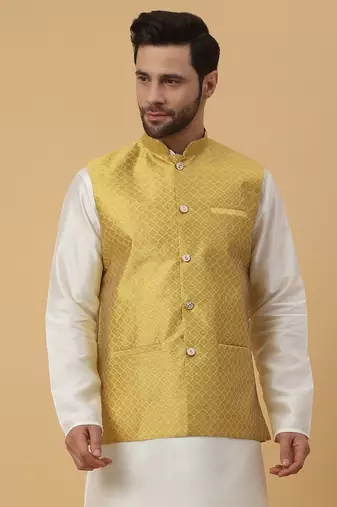 Men's Silk Blend Geometric Jacquard Yellow Nehru Jacket