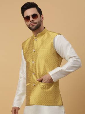 Men's Silk Blend Geometric Jacquard Yellow Nehru Jacket 6