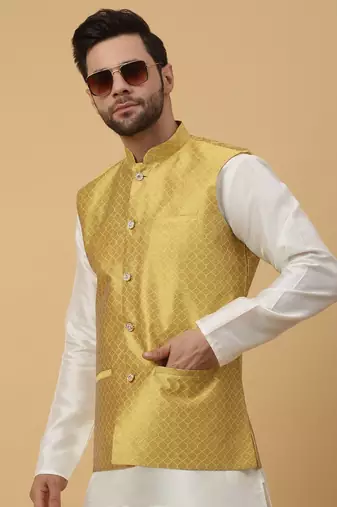 Men's Silk Blend Geometric Jacquard Yellow Nehru Jacket
