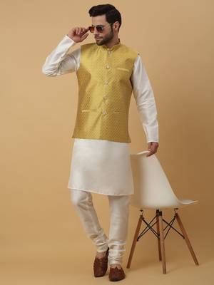 Men's Silk Blend Geometric Jacquard Yellow Nehru Jacket 7