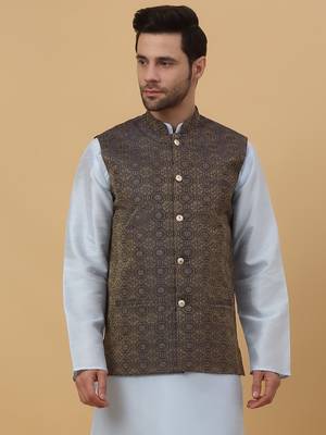 Men's Silk Blend Bandhani Jacquard Blue Nehru Jacket 1