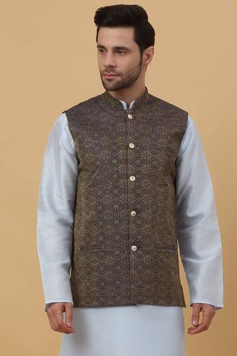 Men's Silk Blend Bandhani Jacquard Blue Nehru Jacket