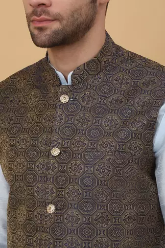 Men's Silk Blend Bandhani Jacquard Blue Nehru Jacket