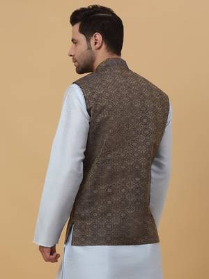 Men's Silk Blend Bandhani Jacquard Blue Nehru Jacket 3