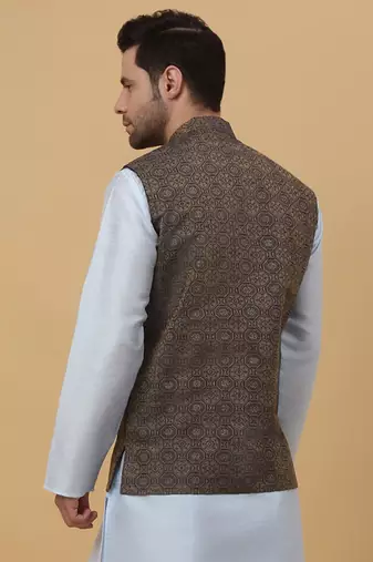 Men's Silk Blend Bandhani Jacquard Blue Nehru Jacket