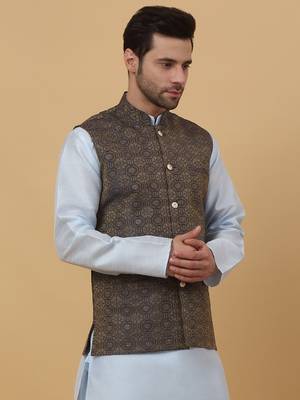 Men's Silk Blend Bandhani Jacquard Blue Nehru Jacket 4