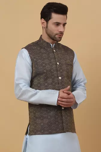Men's Silk Blend Bandhani Jacquard Blue Nehru Jacket