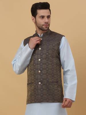 Men's Silk Blend Bandhani Jacquard Blue Nehru Jacket 5