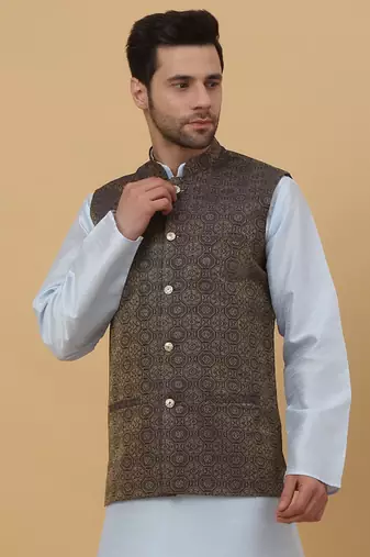 Men's Silk Blend Bandhani Jacquard Blue Nehru Jacket