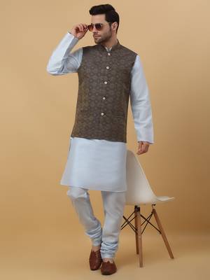 Men's Silk Blend Bandhani Jacquard Blue Nehru Jacket 6