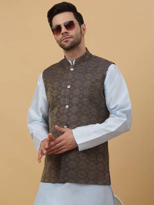 Men's Silk Blend Bandhani Jacquard Blue Nehru Jacket 7