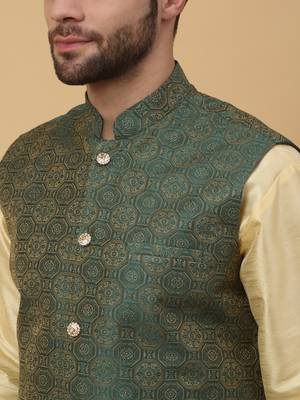 Men's Silk Blend Bandhani Jacquard Green Nehru Jacket 2