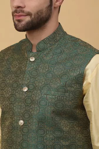 Men's Silk Blend Bandhani Jacquard Green Nehru Jacket