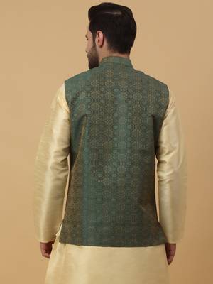 Men's Silk Blend Bandhani Jacquard Green Nehru Jacket 3