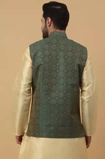 Men's Silk Blend Bandhani Jacquard Green Nehru Jacket