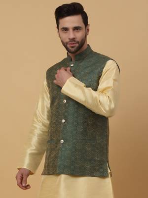 Men's Silk Blend Bandhani Jacquard Green Nehru Jacket 1